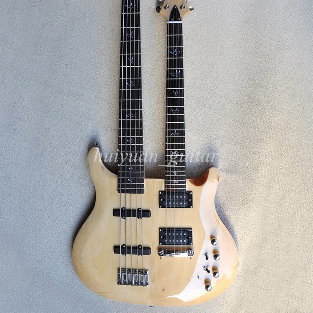 Flyoung Natural Wood Color 5+6 Strings Double Neck Electric Guitar with Rosewood Fretboard