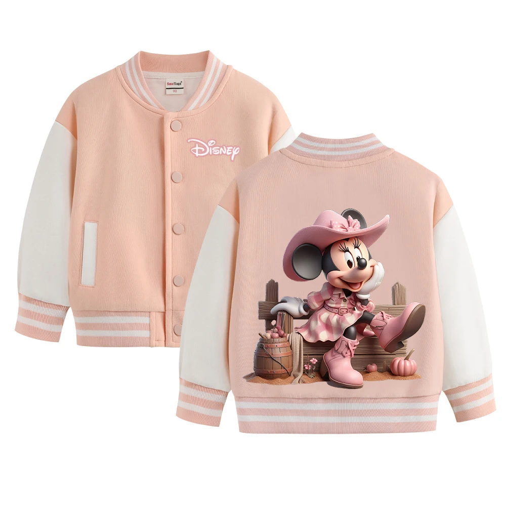 New Disney Minnie Long Sleeve Crew Neck Warm Cardigan Jacket Embossed Baseball Jacket Children Sweatshirts Fashion Streetwear