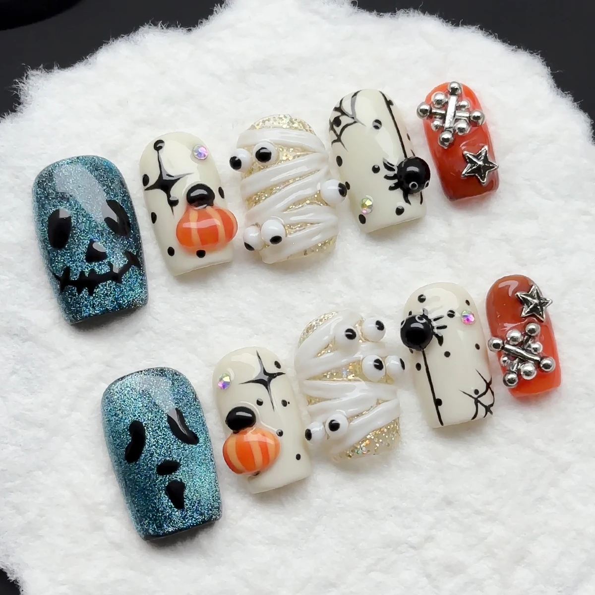 10pcs/Set Handmade press Medium-sized square fake nailshalloween Gothic,Zombie Bandaged,3D Stereo Eye spider, ghost smiley face