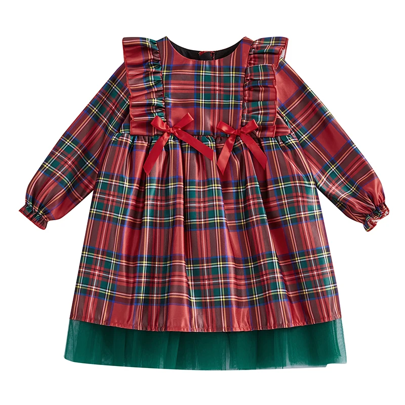 Toddler Girl Christmas Dress Ruffle Long Sleeve Round Neck Plaid Print Loose Dress Holiday Outfit