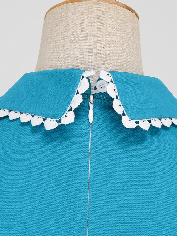 Tonval Peter Pan Collar Puff Sleeve Turquoise Cotton Dresses Women 2026 Elegant Plain Vintage Style Pockets Side Midi Dress