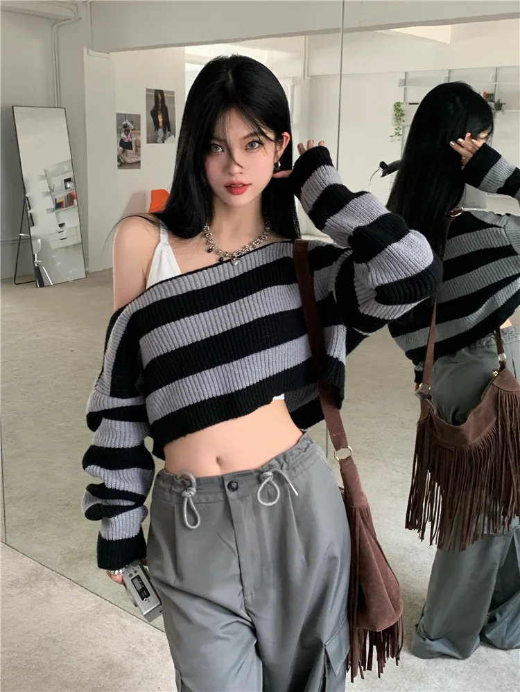 Long Sleeve Top Knitted Korean Fashion Striped Crop Sweaters Off The Shoulder Tops Cute Black Grey Striped Pullovers Knitwears