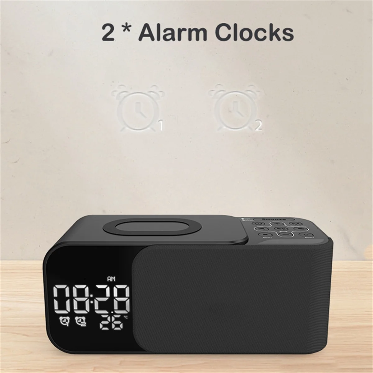KK-B2-Digital Stereo FM Radio Alarm Clock Night Light Bluetooth Speaker 10W Wireless Charger-Black