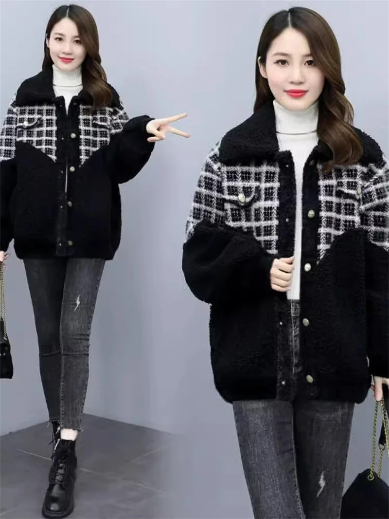 Cotton Thick Woolen Patchwork Imitation Lamb Wool Jacket For Women 2023 Autumn/Winter New Fashionable Temperament Small Stature