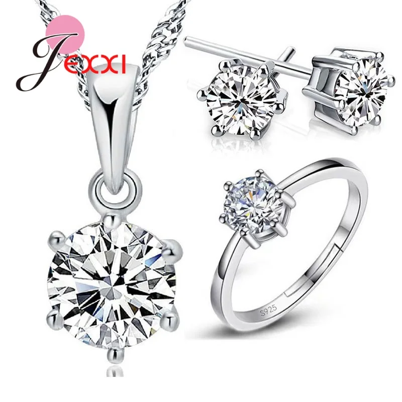 925 Sterling Silver Bridal Jewelry Sets For Women Accessory Cubic Zircon Crystal Necklace Rings Stud Earrings Ring Gift