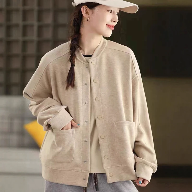 

Женские повседневные пальто с длинным рукавом, Новое поступление, осень 2024, простой стиль, однотонные женские базовые куртки с двойными карманами M2049