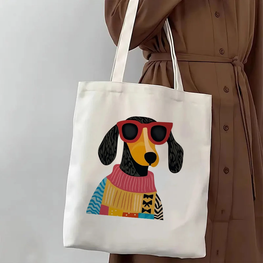 Trendy Dachshund Canvas Tote Bag Stylish Wiener Dog Graphic Eco Friendly Grocery Shopping Travel Shoulder Gift Bag Women