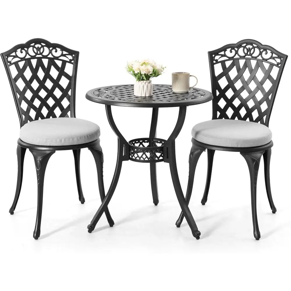 

Patio Bistro Set Outdoor Cast Aluminum Bistro Table and Chairs Set of 2, Outdoor Patio Bistro Set with Umbrella Hole and Gray Cu
