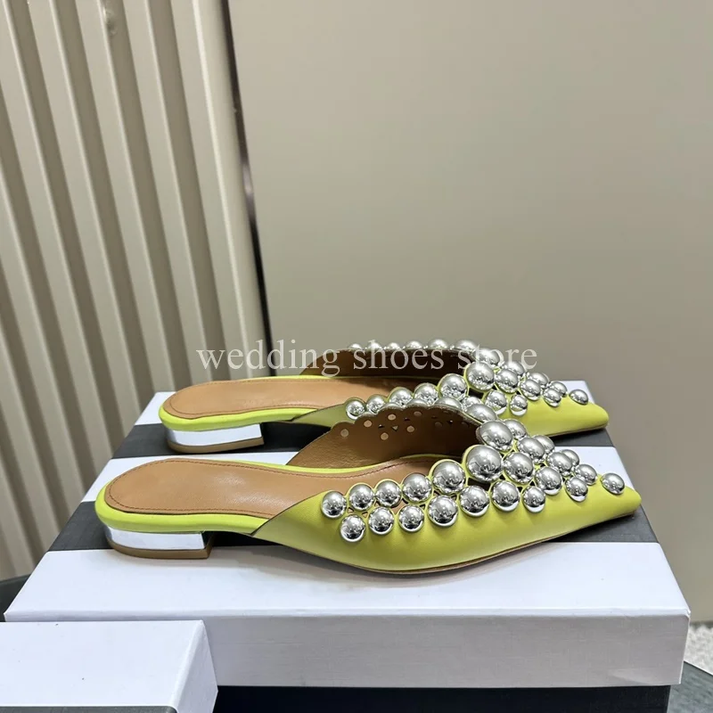 Beaded Flat Shoes Half Head Female Slippers Catwalk Show Outdoor Wedding Banquet Genuine Leather Summer Women Pointed Toe Shoes