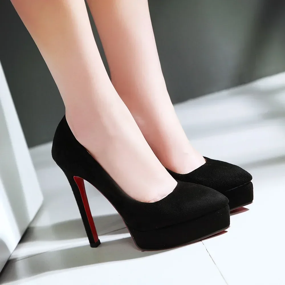 Fashion Women Platform Pumps 13cm High Spike Heel Pointed Toe Blue Red Flock Casual Party Office Lady Sexy Slip-on Thin Stiletto