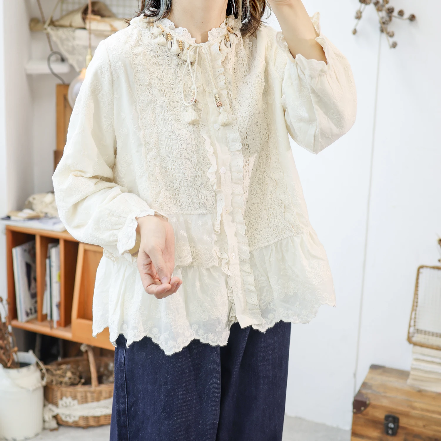 Vintage Mori Kei Embroidery Kawaii Shirts for Women, Japanese Style, Peter Pan Collar, Patchwork Blouses, Sweet Casual Lolita Sh