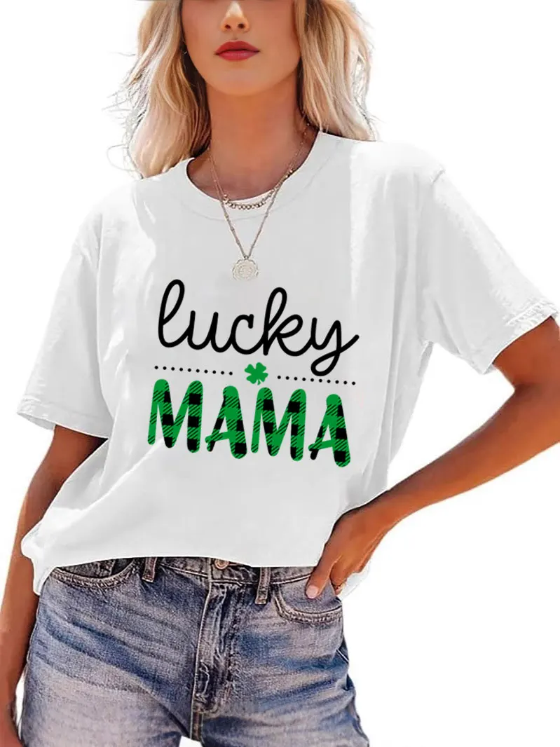 Lucky Mama St Patricks Day Shirt Lucky Shirt St Patrick's Day Shirt Funny Women Short Sleeve Tee Gift for Mom