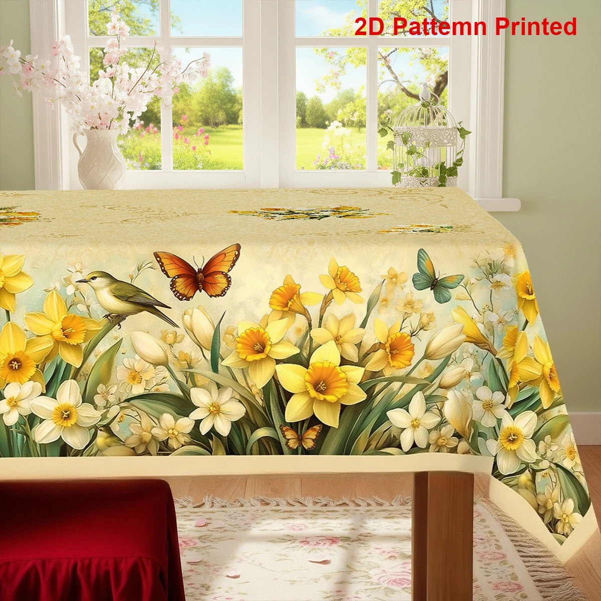 Watercolor Daffodil Floral Birds Butterfly Printed Tablecloth Home Decor Spring Summer Kitchen Dining Table Cloth Party Decor