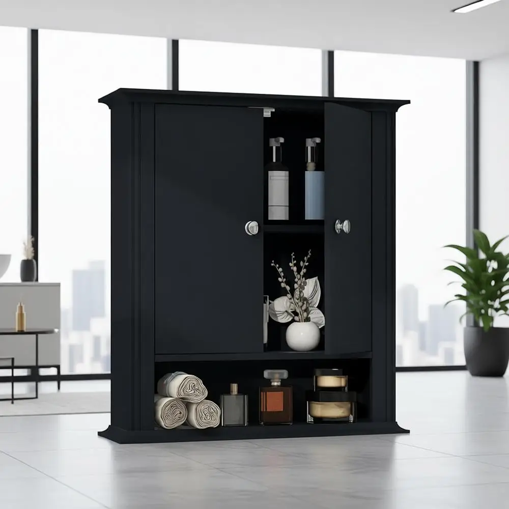 

Wall Mounted Wooden Storage Cabinet with 2 Doors & Adjustable Shelf, Hanging Wall Cabinet Over Toilet, Upper Cabinet Storage Cup