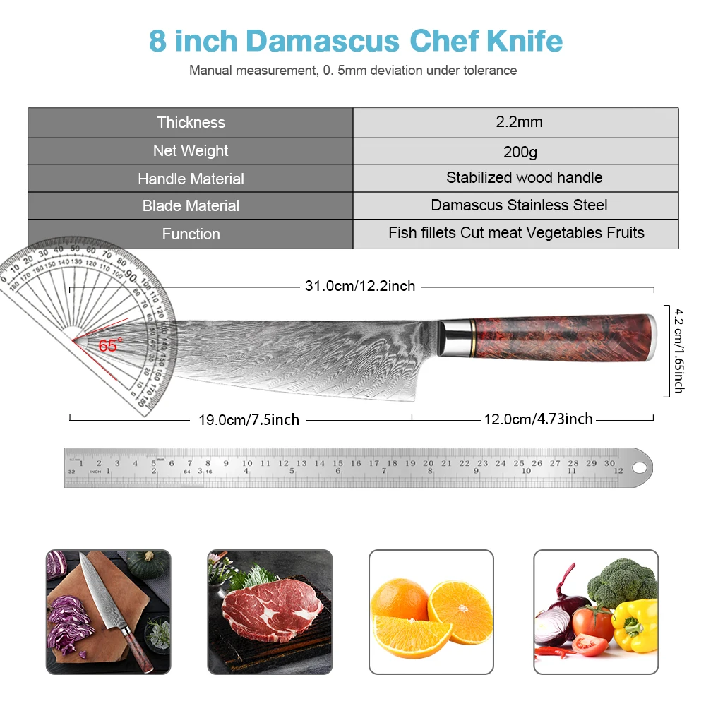 Damascus Steel Kitchen Knives 8-inch Chef knife Gyuto Knife Super-sharp blade edge Ergonomic stabilized wood handle