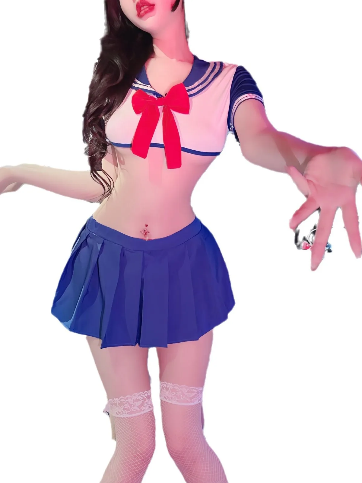 Estilo japonês e coreano Uniforme Campus, Interpretação de Papéis, Lingerie Sexy, Tops de manga curta com decote em V, saia curta plissada, O6IN