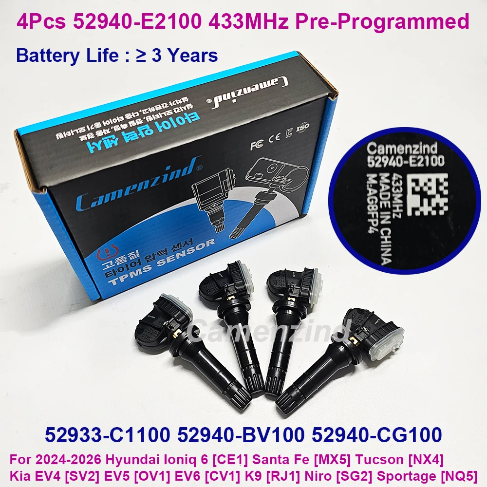 4PCS 433MHz TPMS Sensor 52940-E2100 52933-C1100 52940-BV100 For 2024-2026 Hyundai Ioniq 6 [CE1] Santa Fe [MX5] Tucson [NX4] Kia