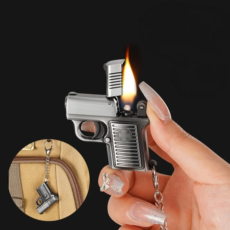 Mini Vintage Pistol Shaped Lighter Bronze Metal Shell Keychain Pendant Collectible Pocket Ornament Retro Embossed