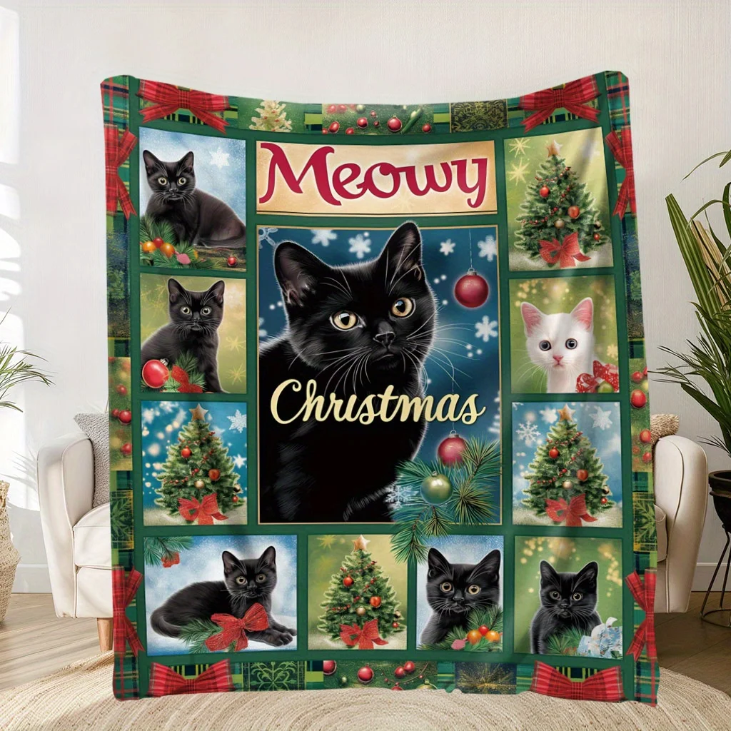 Cozy Christmas Cats Print Flannel Blanket Soft Warm Perfect for Holiday Gifting Ideal for Naps Camping, Travel Home Decor