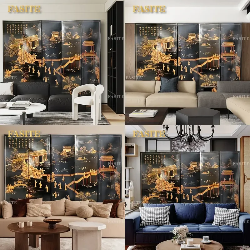 For French Chinese Style Simple Folding Screen Living Room Partition Porch Sofa Background Lacquer Painting Hollow Interior