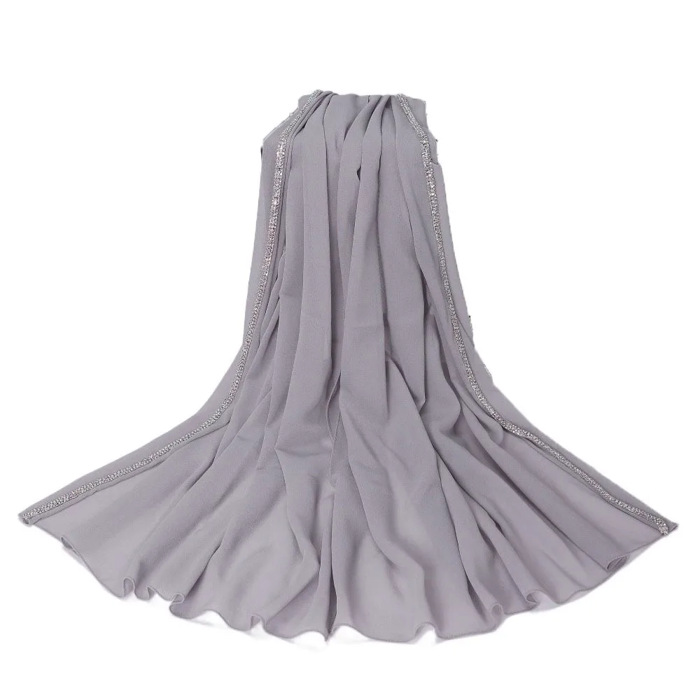 

Элегантный однотонный шарф в этническом стиле со стразами и полями, сверкающий исламский тюрбан, тонкая длинная шаль на каждый день