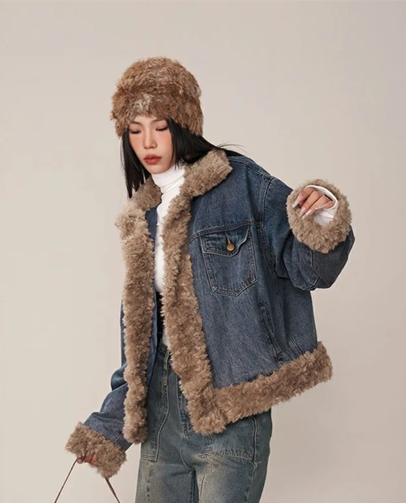 Turn Down Collar Denim Sweet Coat For Women 2023 Thicken Warm Retro Fur Collar Button Down Jacket New Fashion Oversized Coats