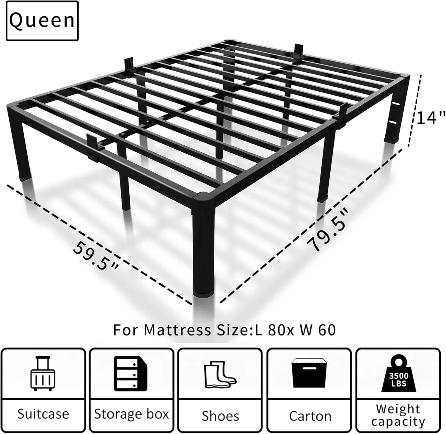 Estrutura de cama queen de metal de 14 polegadas com canto arredondado e fechos de colchão com furo para cabeceira 3500LBS ripas de aço resistentes sem caixa Sp