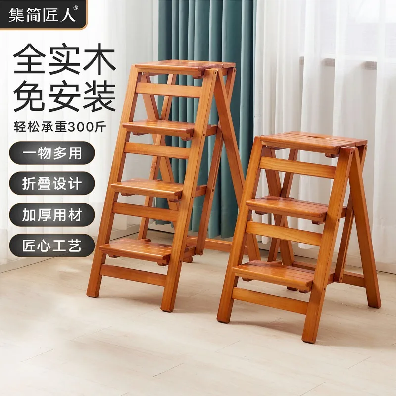 Step Stools & Step Ladders Kitchen Furniture Solid Wood Multifunctional Folding 3‑Step Stool Thickened Indoor Storage Rack