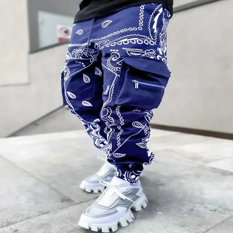 New Printed Cashew Flower Harem Pants Men European and American Style Loose High Street Multi-pocket Overalls Men\'s Feet