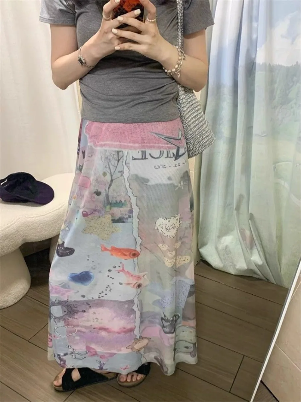 

Современная китайская сетчатая юбка трапециевидной формы с принтом, женская летняя юбка-миди с высокой талией, восточная эстетика, уникальная культурная мода