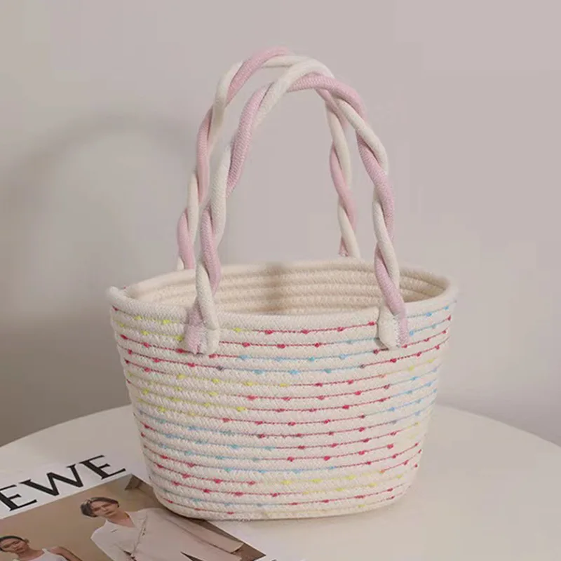 

Pink Portable Cotton Woven Bag New Small and Fresh Handheld Women's Holiday Bag Beach Storage Bag Handbags