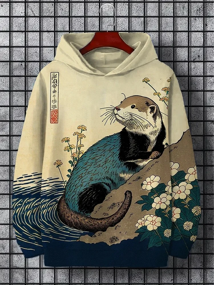 

Oversized Fashion Long Sleeve Pullovers Men's Floral Otter Water Japanese Art Print Casual Hoodie 2025 Autumn Hooded Collar Tops