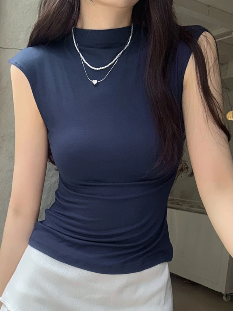 American Streetwear Minimalist Turtleneck Tee Retro Sweet Spicy Sleeveless Women T-shirt 2026 Summer Slim Waist Cinched Tops