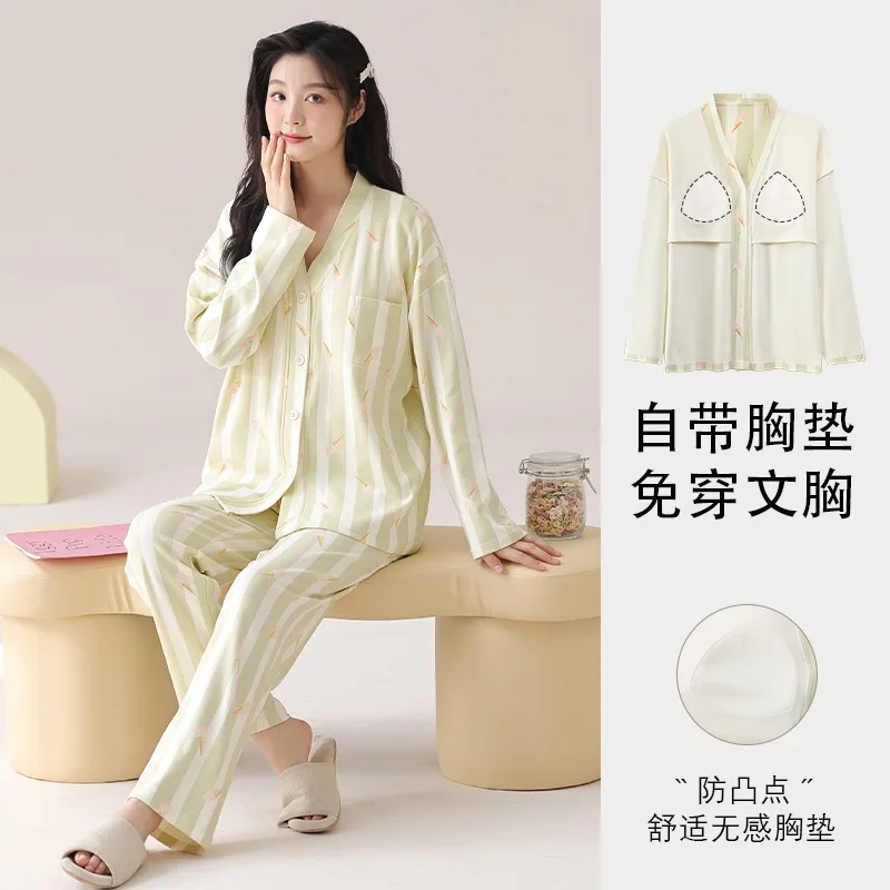 2Pcs Set Cotton Pajamas Set with Bra Pad for Women Autumn Cardigan Kimono Nightwear Young Girl Female Pjs Pyjamas Mujer Dropship