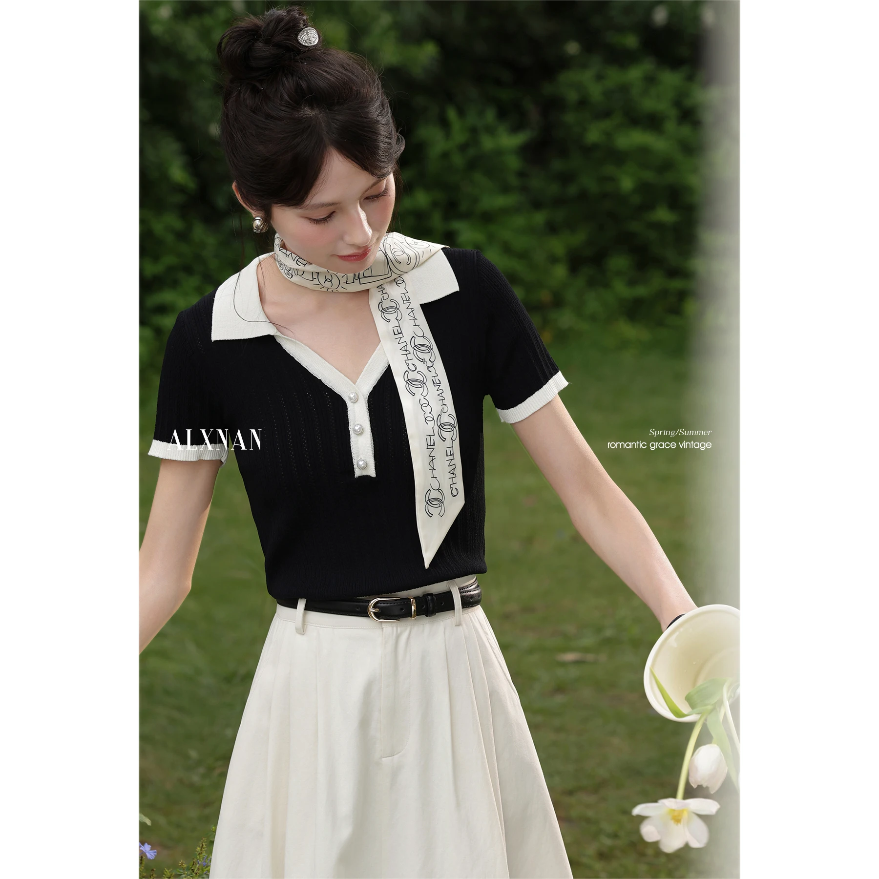 

South Deer Collar Color Block Short Sleeve Knitted T-Shirt Women's Summer Base Layer Top Commute Style Regular Fit