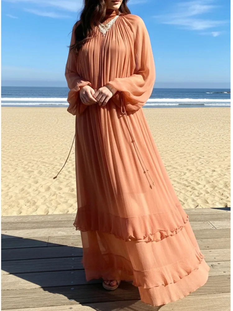 여성용 2025 봄 여름 시스루 러플 미디 드레스 스탠드 칼라 긴 소매 플로우 비치 파티 우아한 요정 드레스