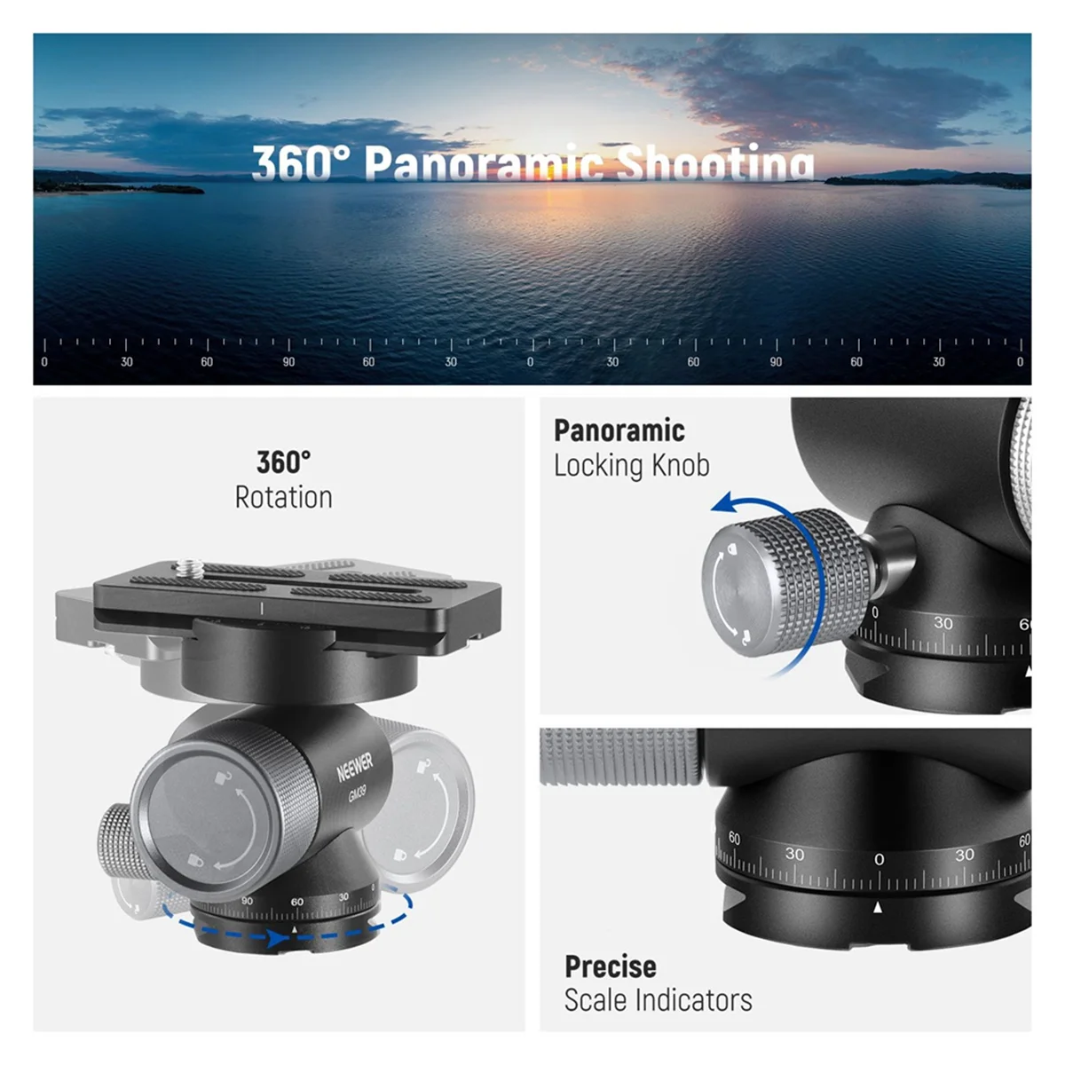 GM39 Gimbal Joint for Monopod Tripod Long Telephoto Lenses Metal Low Profile BallHead 360° Pan 90° Tilt