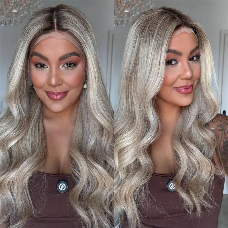 

Ombre Пепельно-русый мелирование HD Прозрачный парик фронта шнурка 24-дюймовый мягкий парик с объемной волной Натуральная предварительно выщипанная линия волос с волосами ребенка