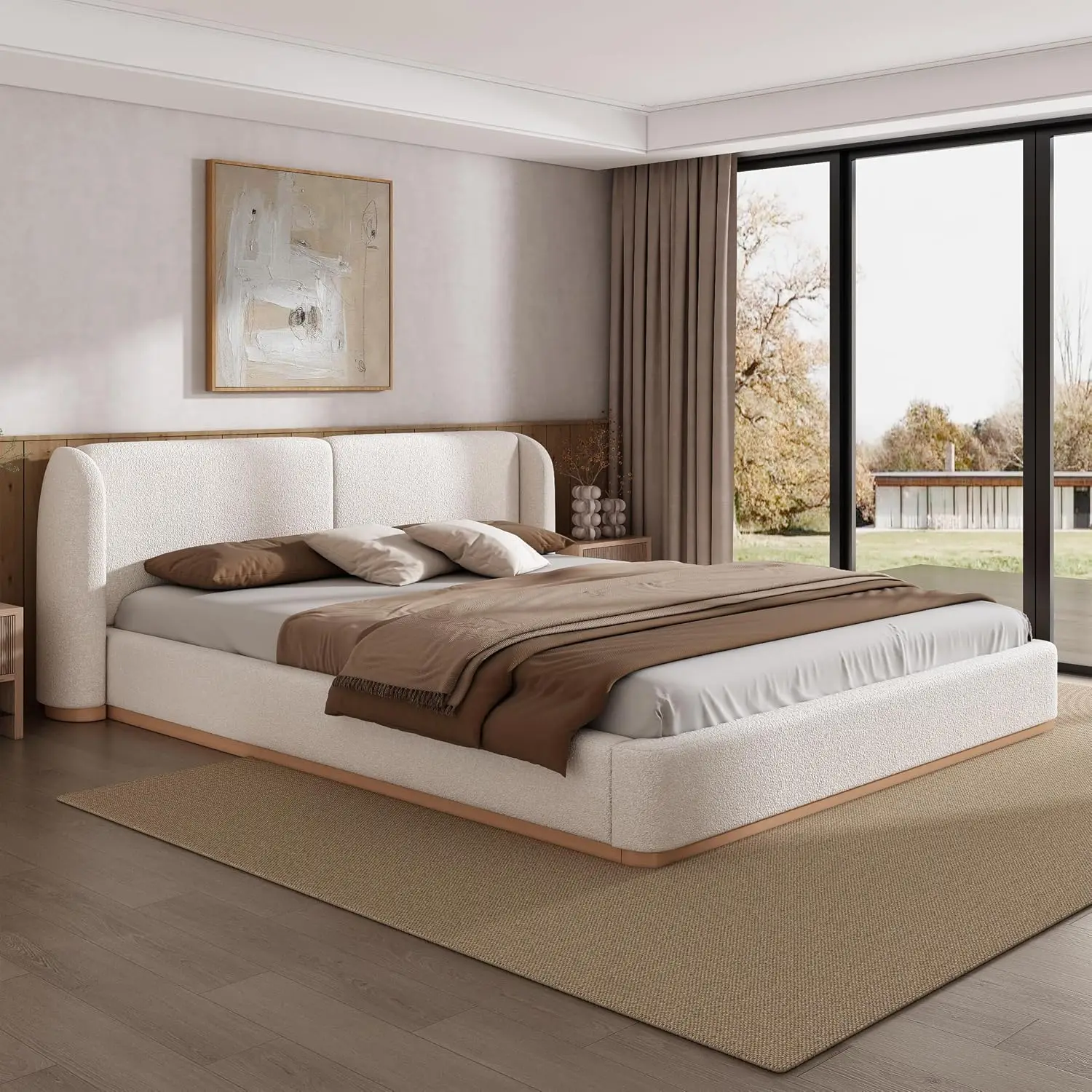 King Size Bed Frame Rounded Wingback Headboard Boucle Fabric Upholstered Platform Bedroom Furniture, Customized