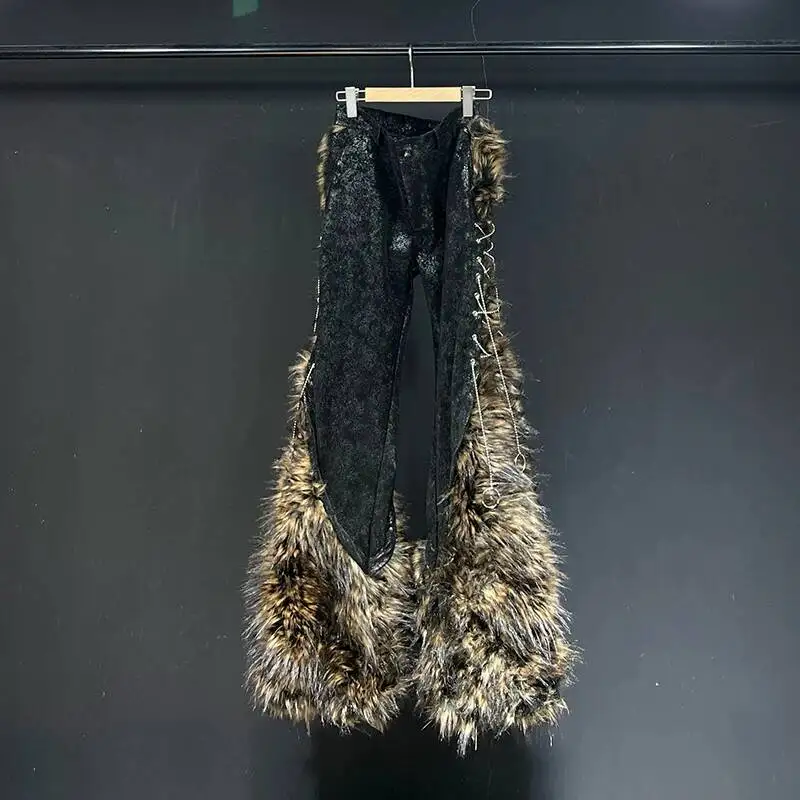 2025 Trend New Male Casual Pants Leopard Print Patchwork Faux Fur Thickened Flared Trousers Niche Fashion Menswear XDE78