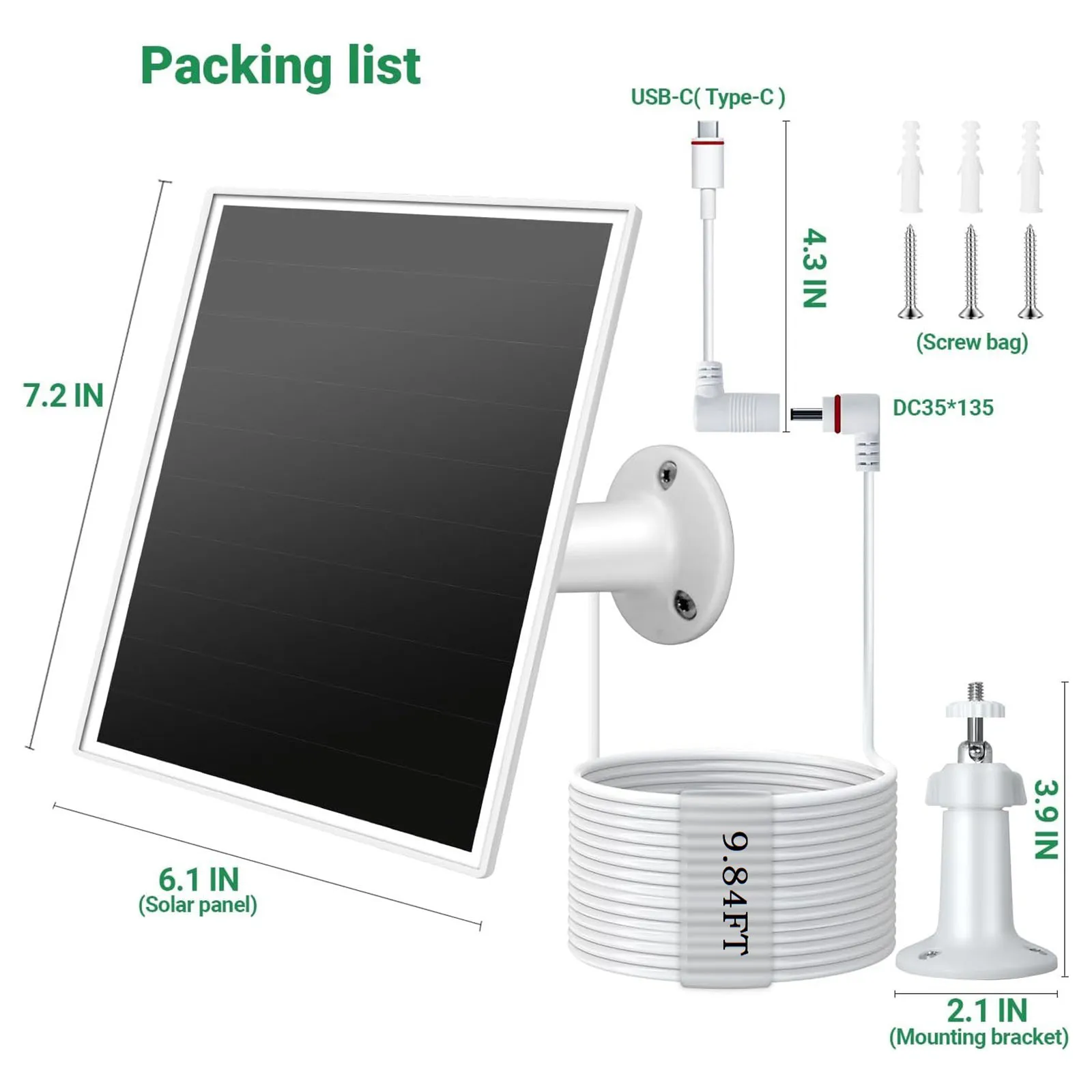 ETFE 5W Solar Panel 5V Micro USB Type-C DC Solar Charger for Ring Eufy Blink REOLINK Doorbell Monitoring Security Camera System