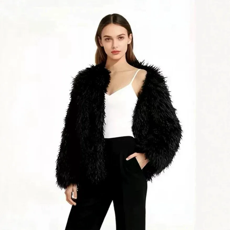 Mongolian Fur Coat Fur Jacket Women's Elegant Fluffy Solid Color Thickened Thermal Long Sleeve Coat Winter Fashion Oversized Lad
