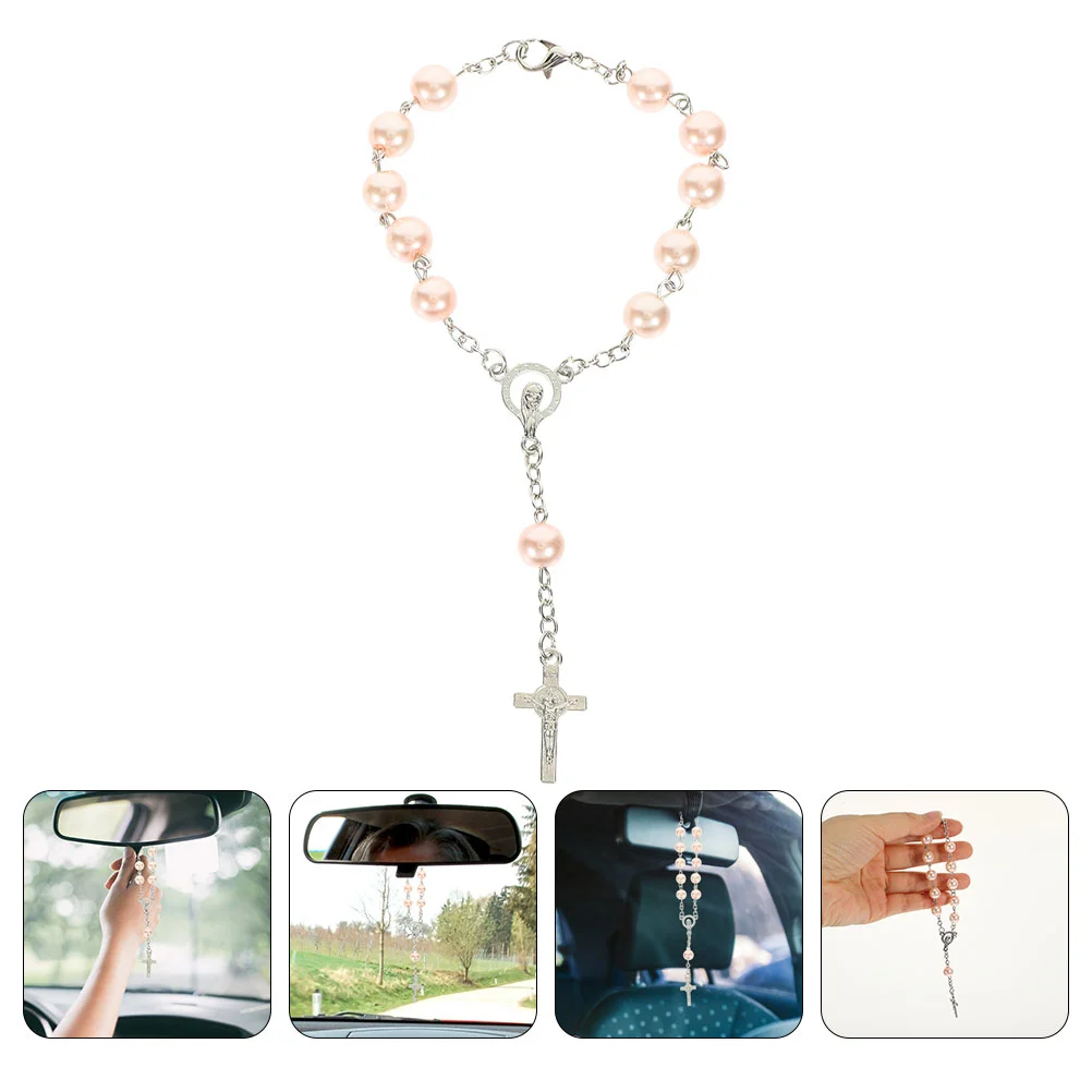 Mirror Decoration Prayer Beads Car Rosary for Rearview Necklace Men Black Mens Crucifix Zinc Alloy Man Auto