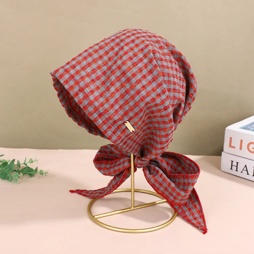 Single-layer Korean Retro Plaid Ribbon Turban Hat Casual Atmosphere Beanie Thin Summer Slouchy Hat
