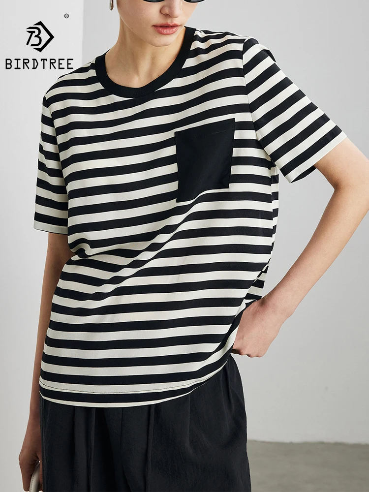 

BirdTree-23MM 100%Real Silk Heavy Crepe Elegant T-Shirt, Short Sleeve Striped, Women Commute Loose Tee, 2026 Summer New T64893CC