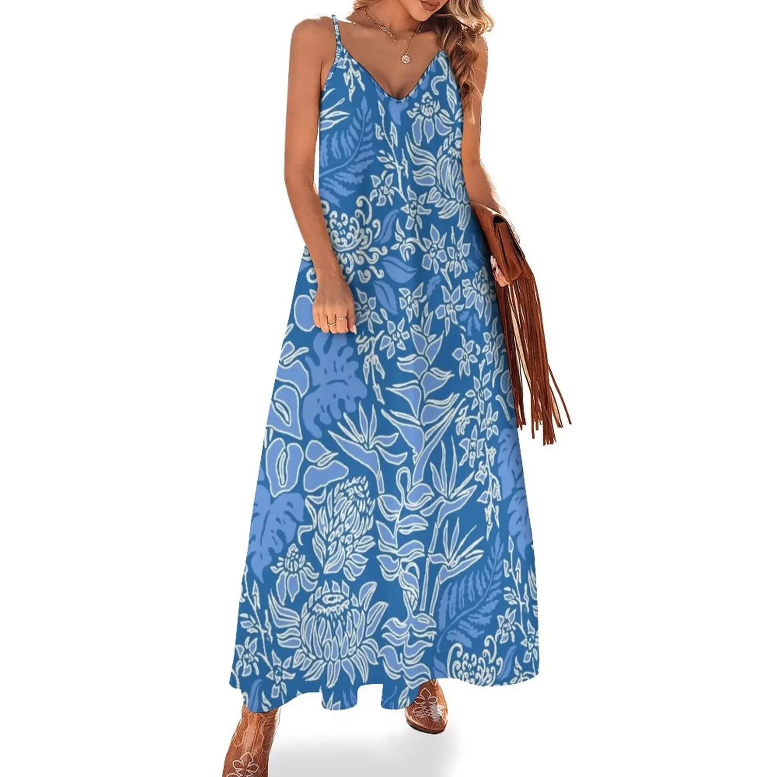 

Kauai Morning Hawaiian Protea Floral - Indigo Sleeveless Dress sexy dress Women's summer dresses