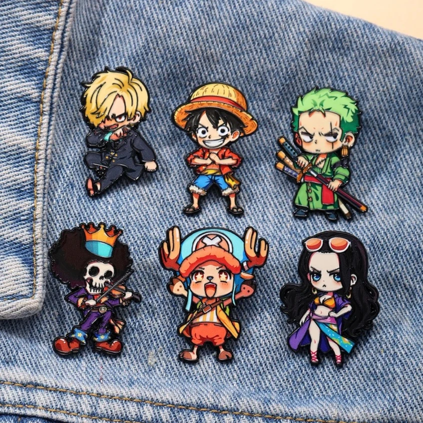 6pcs ONE PIECE Cartoon Character Brooches Set Q Version including Monkey D. Luffy Roronoa Zoro Sanji Brook Gift for Friends