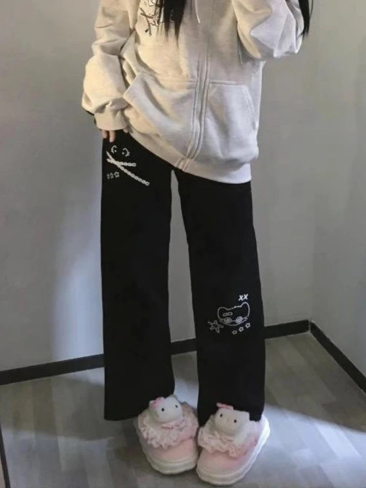 QWEEK Japanese Harajuku Y2k Kawaii Pants Women 2024 Autumn Fashion Korean Cute Cartoon Print Trousers School Student High Street