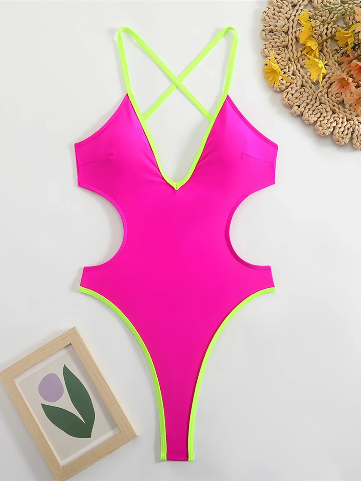 V Neck Splicing Extreme String Mini Micro Thong One Piece Swimsuit Women Swimwear Female Bather Bathing Suit Swim V7085