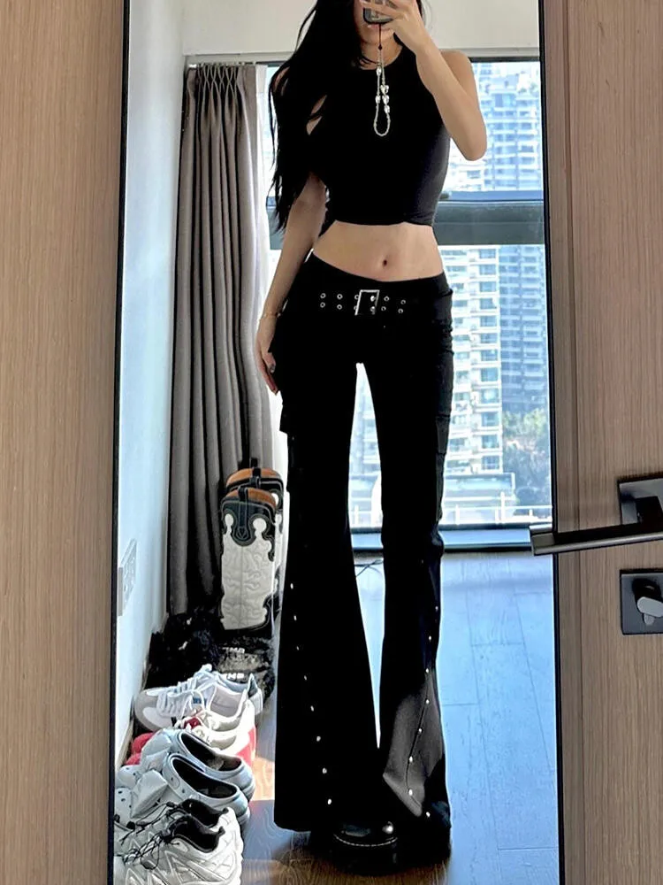 

American Style Sexy Black Low Waist Bell Bottom Jeans Women's Spring Summer Slim Elastic Tall Extended Rivet Workwear Pants